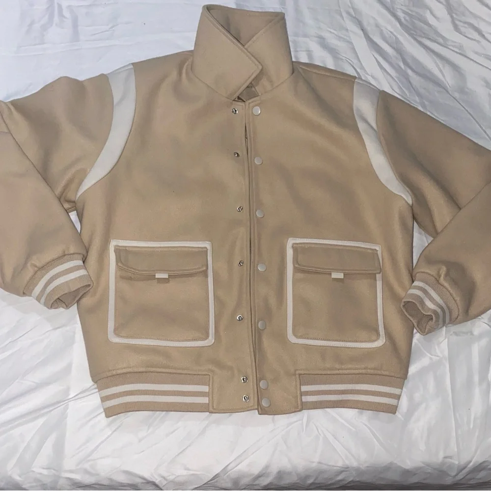 Forever 21 Tan and White Varsity Jacket with Ribbed Accents - Picture 2 of 4